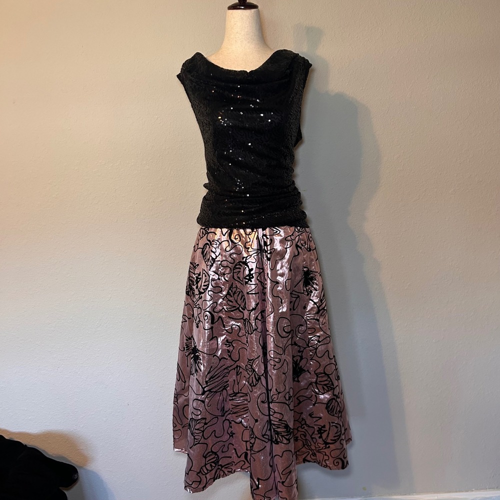 VTG Style Pink Metallic Black Velvet Flocked Midi Skirt A-Line Lined Whimsigoth
